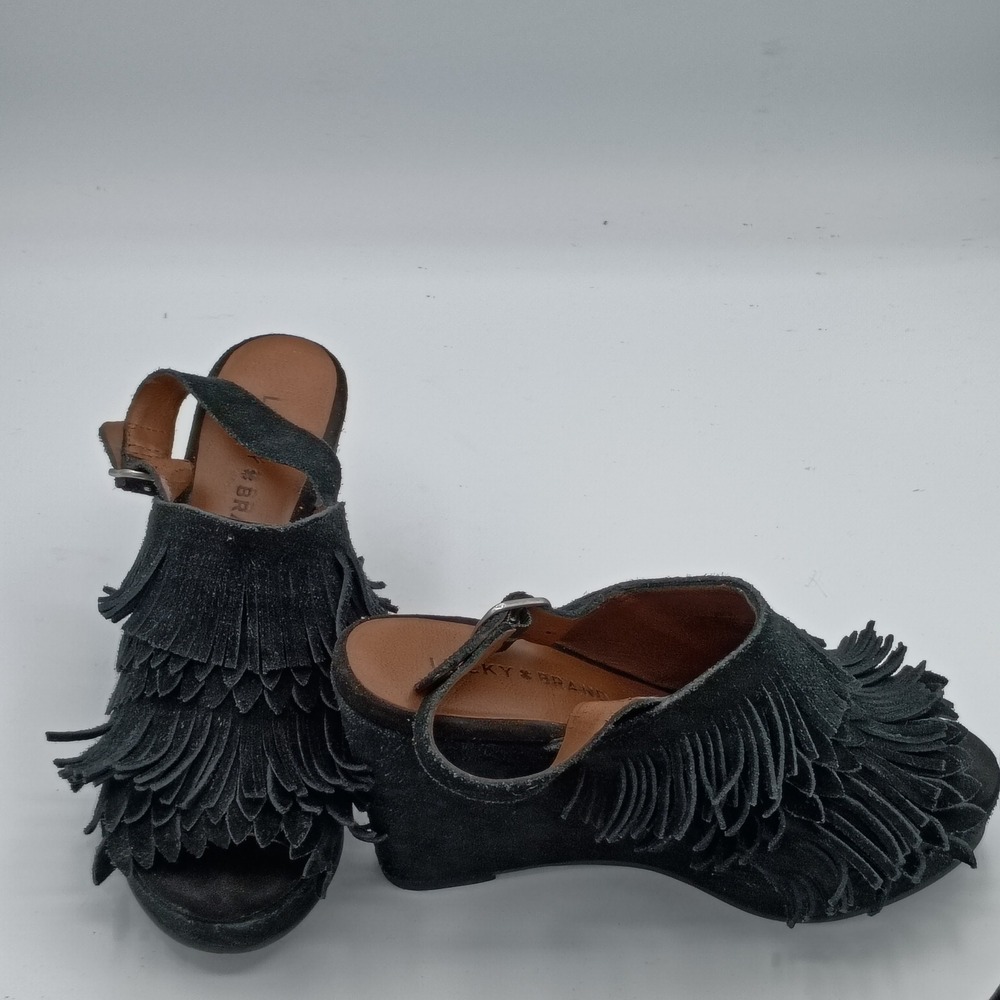 Lucky Brand Womens Fringe Wedge Sandals Black 6M Suede Boho Slingback